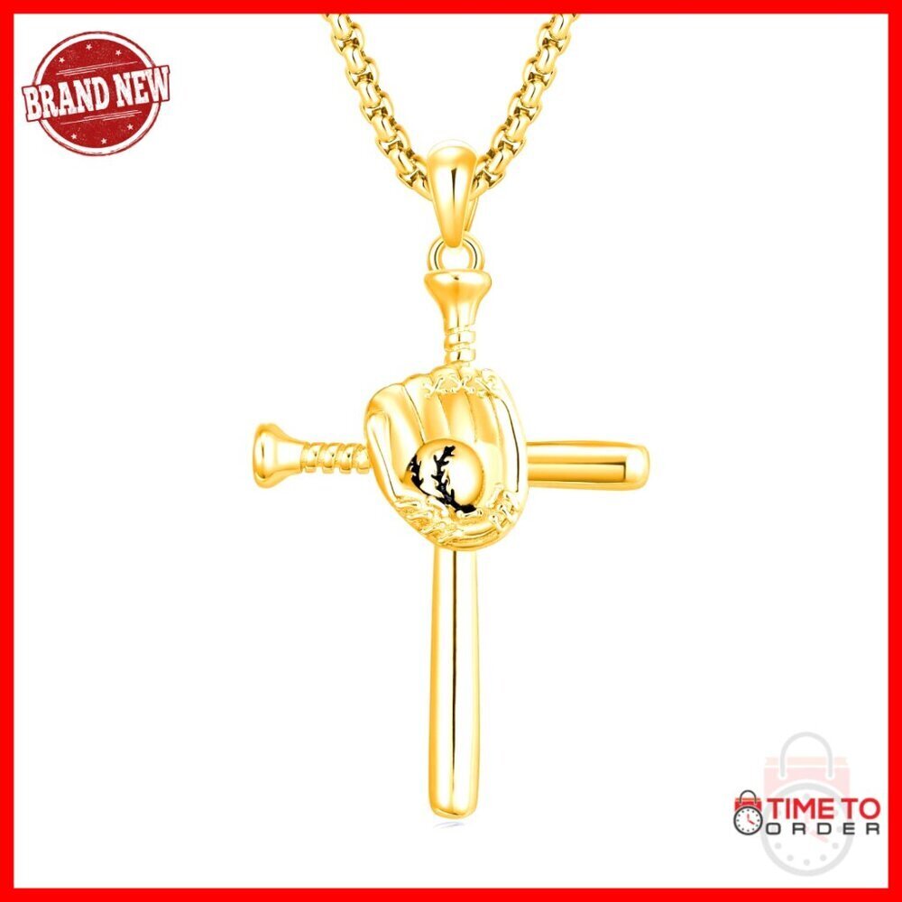 Sterling Silver Baseball Cross Pendant Necklace for Men 22in Chain